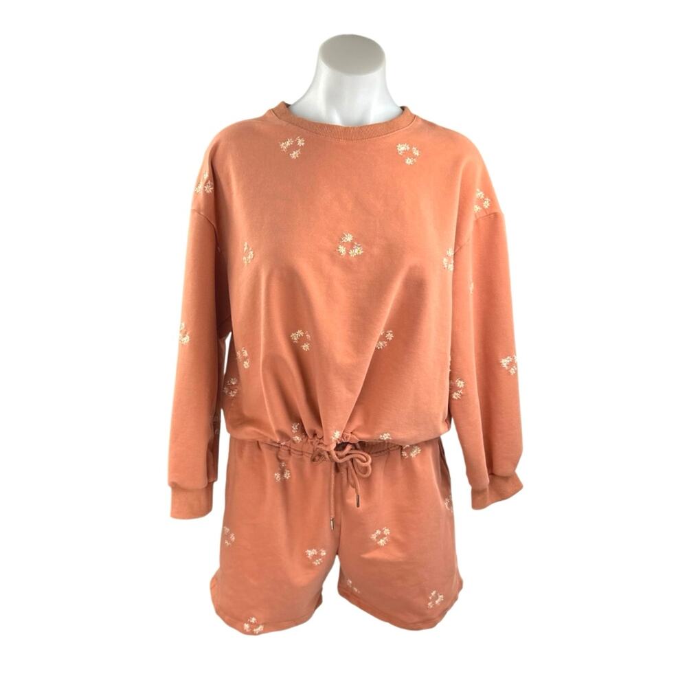 Salitaire Womens Orange Floral Embroidered Long Sleeve Sweatshirt & Shorts Set L